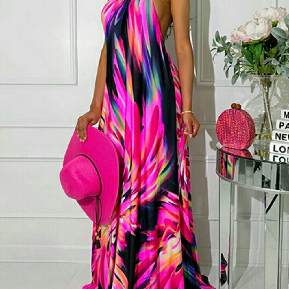 Women's Halter-style Backless Caftan Maxi Dress 
